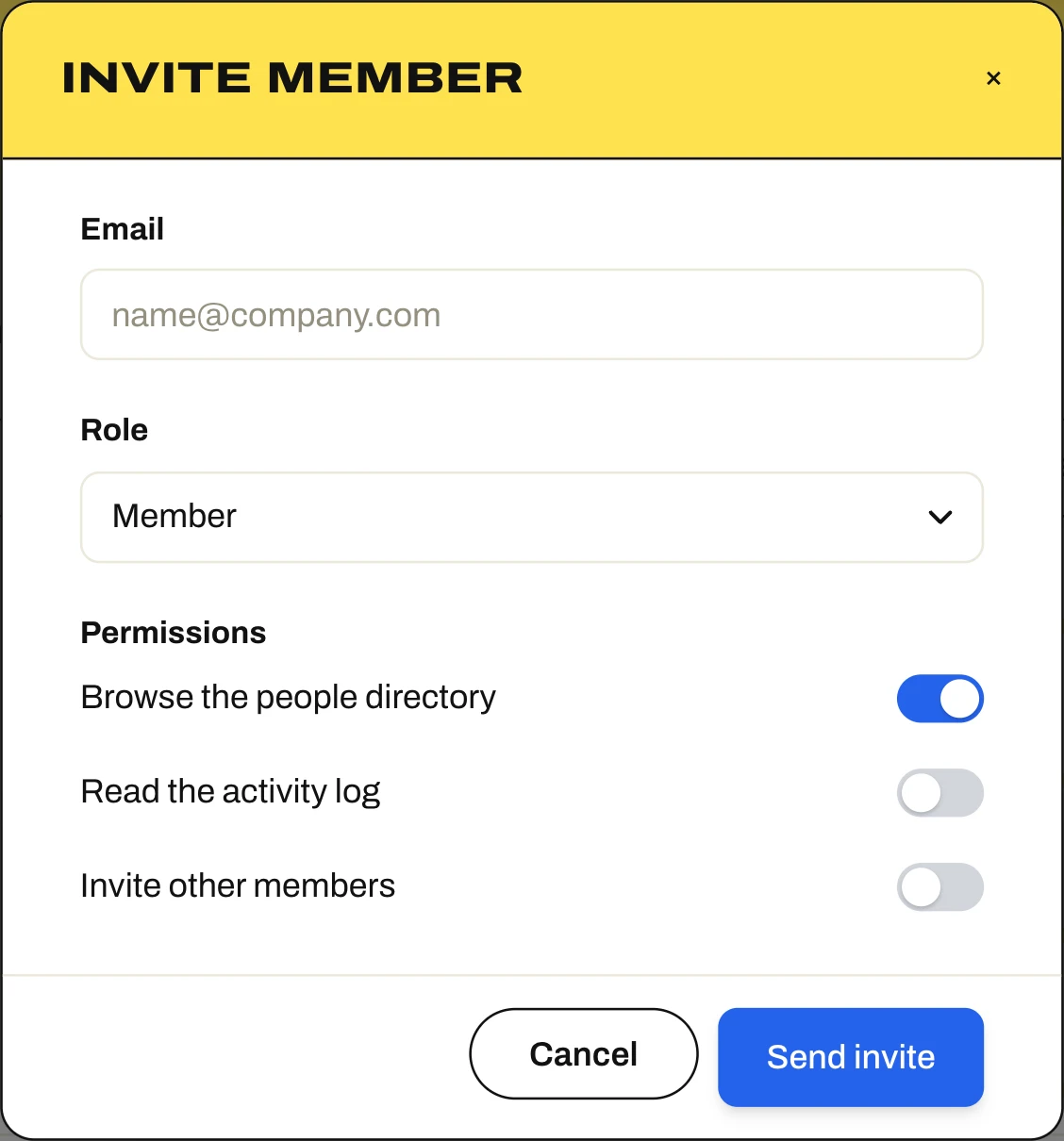 The Invite member dialog: an email field, a role, and three permissions drawn as blue and grey switches.